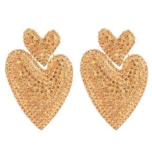 Statement Heart Earrings | Champagne Gold-Tone Rhinestone Drop Dangles